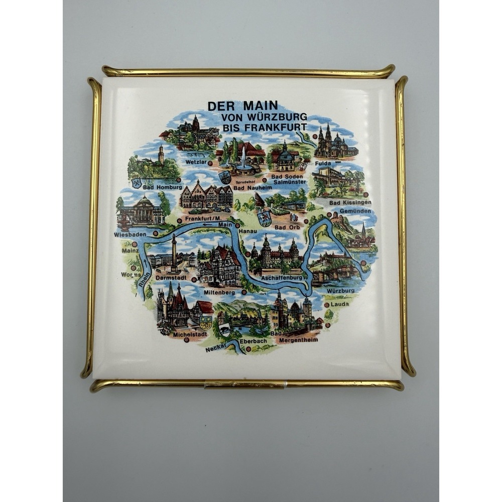 Vtg Der Main Forest Gold Metal Framed 6" Ceramic Art Tile Trivet Germany